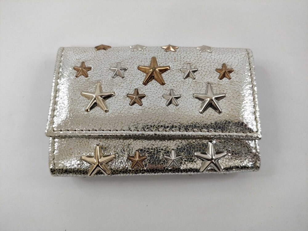 Jimmy Choo Nemo Star Studded Trifold Wallet Metallic Silver Champagne Gold NWT